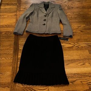 Kasper Suit- Black Pencil Skirt with Pleated Hem and Patterned Jacket